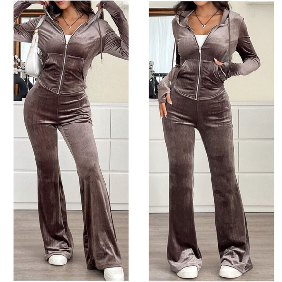 Cozy Velvet Zip Up pockets Hoodie Bell Bottoms Set - Picture 1 of 4